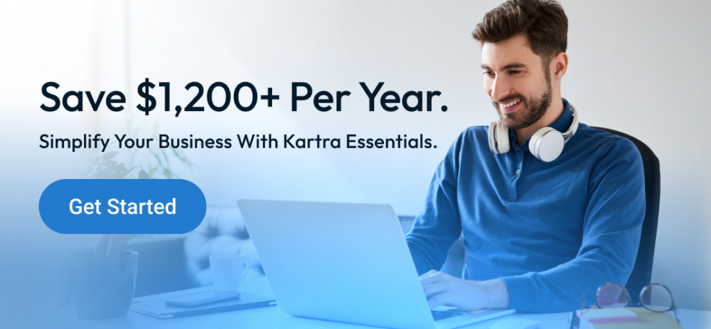 Kartra Essentials free trial banner promoting all-in-one marketing platform