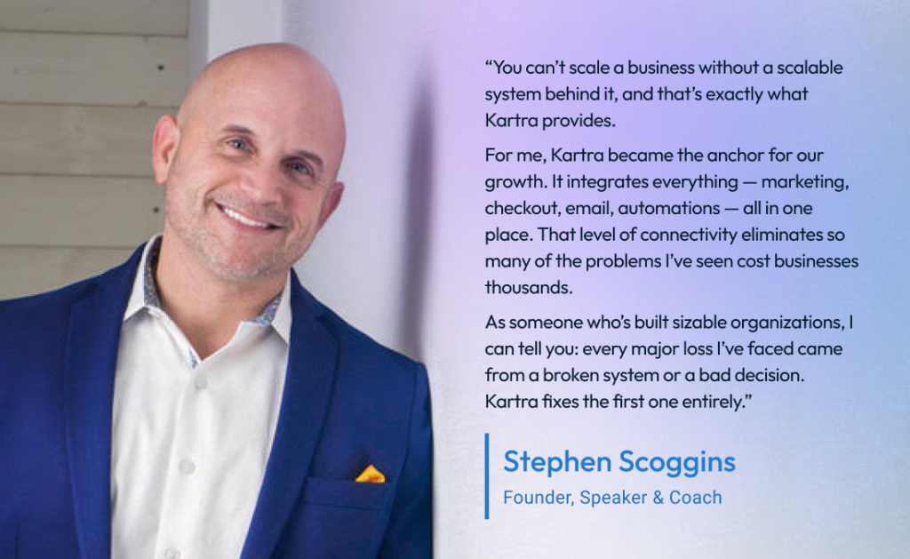 Business coach testimonial about saving time with Kartra Essentials