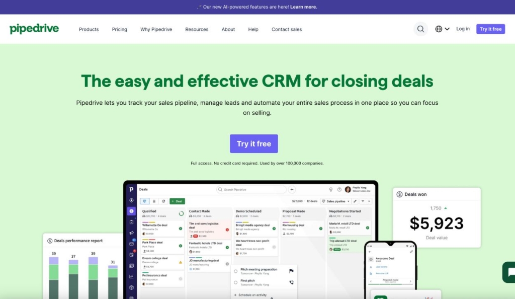 Screenshot of Pipedrive homepage